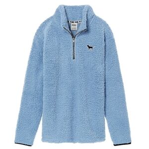 Victoria's Secret PINK Blue Boyfriend Sherpa Pullover Quarter Zip Size Medium